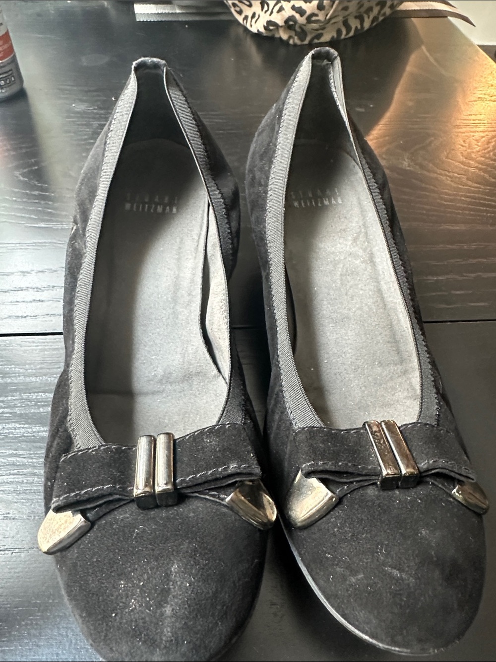 Stuart Weitzman Black Suede pumps with Metallic Silver Toe Accents